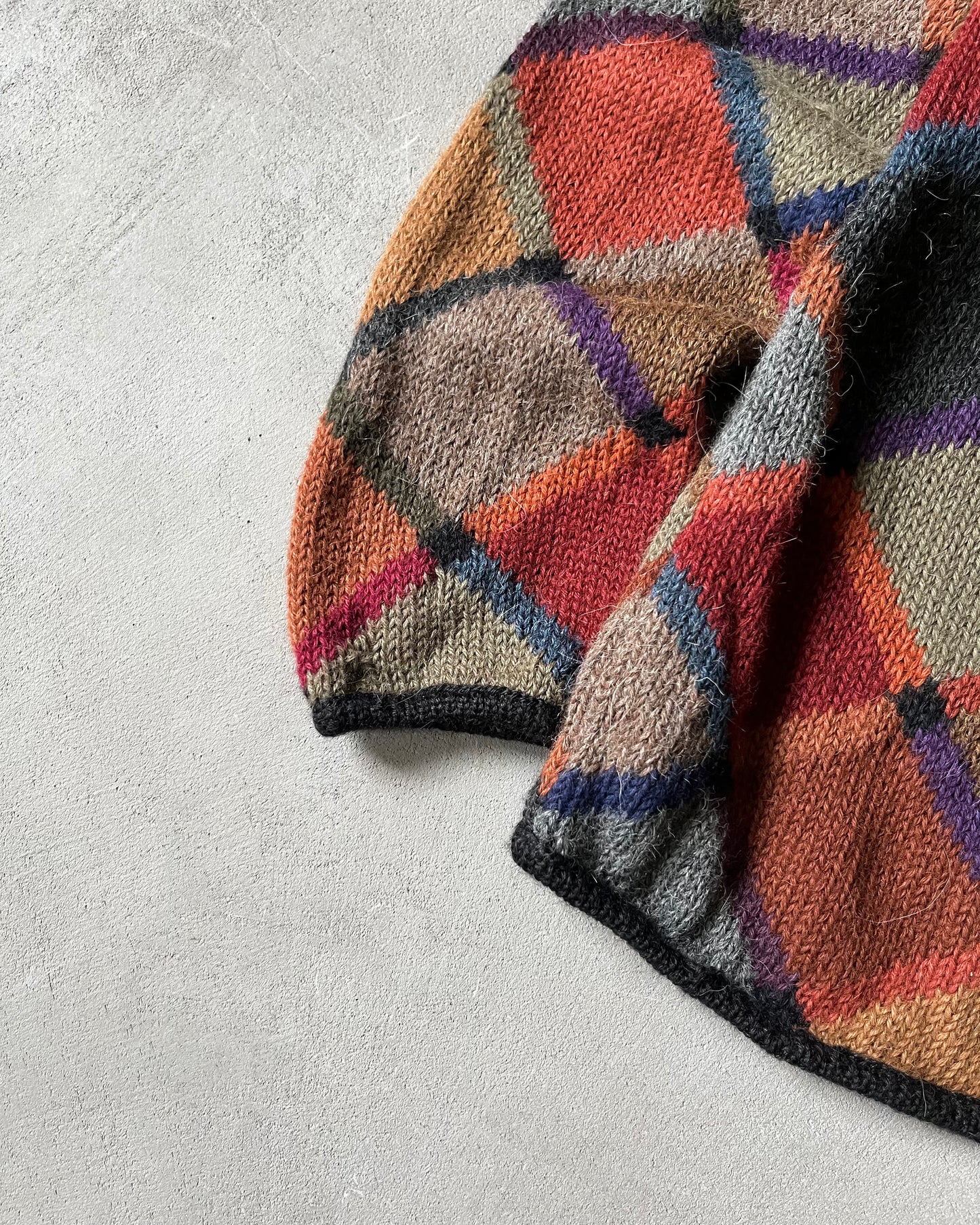 1990s - Burgundy/Green Mosaic Alpaca Cardigan - (W)M