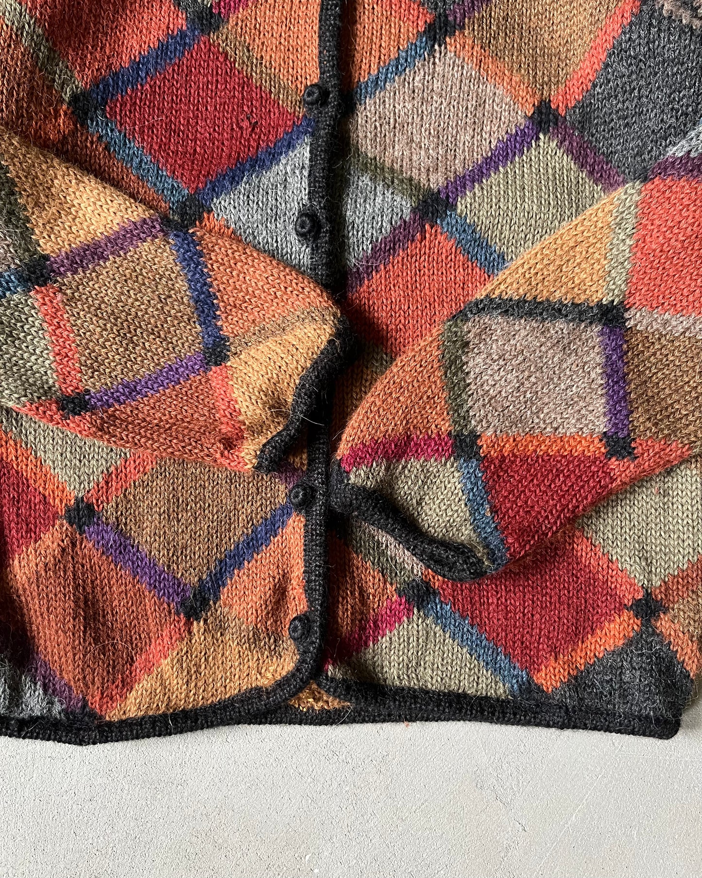1990s - Burgundy/Green Mosaic Alpaca Cardigan - (W)M