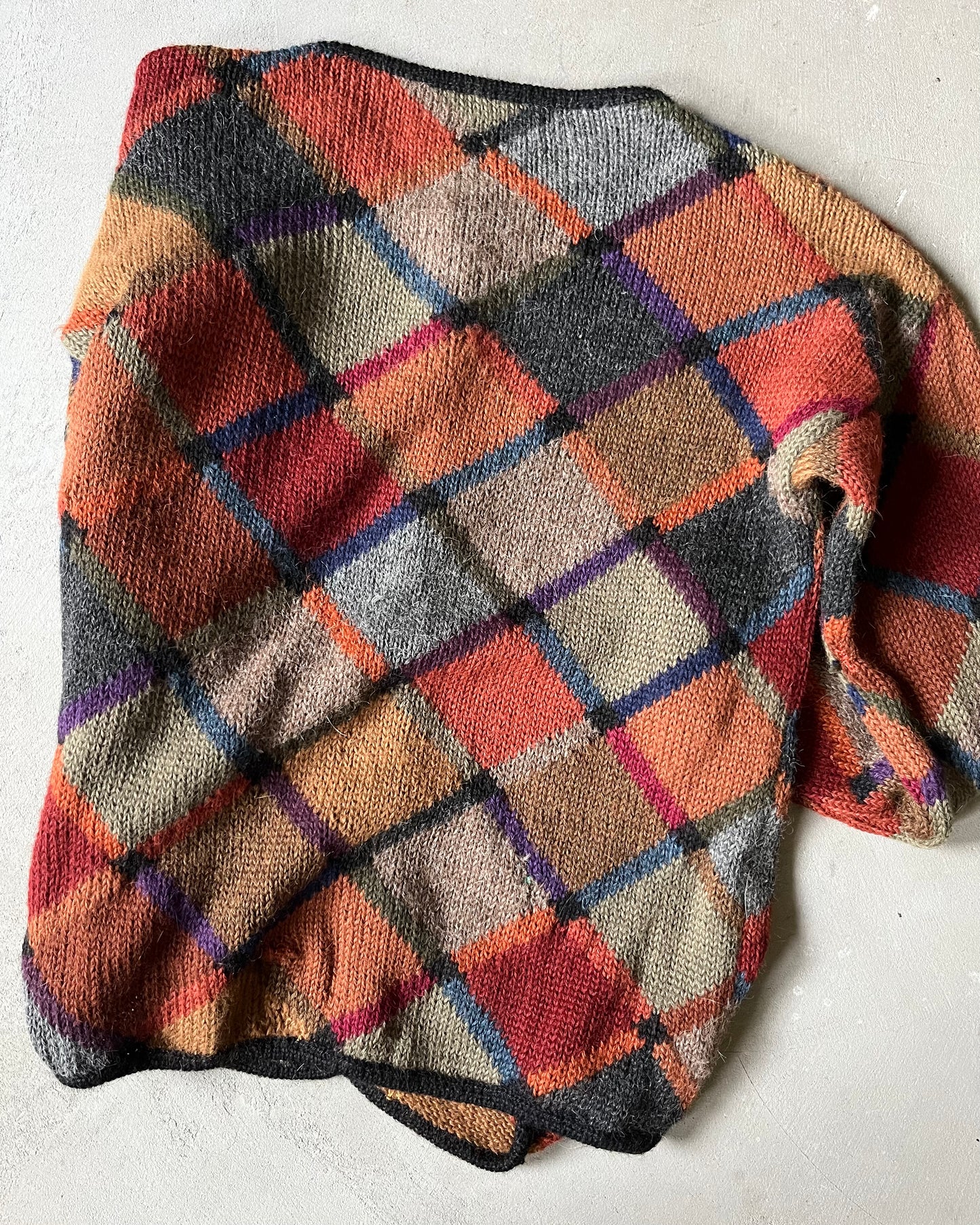 1990s - Burgundy/Green Mosaic Alpaca Cardigan - (W)M