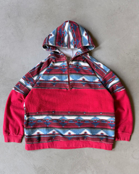 Années 90 - Sweat à capuche zippé 1/4 Aztec Rouge/Bleu - T.S