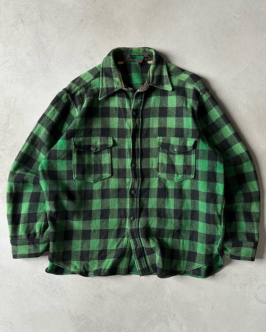 1960s - Distressed Green/Black Plaid Wool Button Up - XL