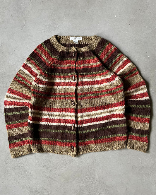 1990s - Brown/Beige Striped Women's Cardigan - (W)L