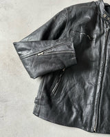 1990s - Black Cafe Racing Leather Jacket - L/XL