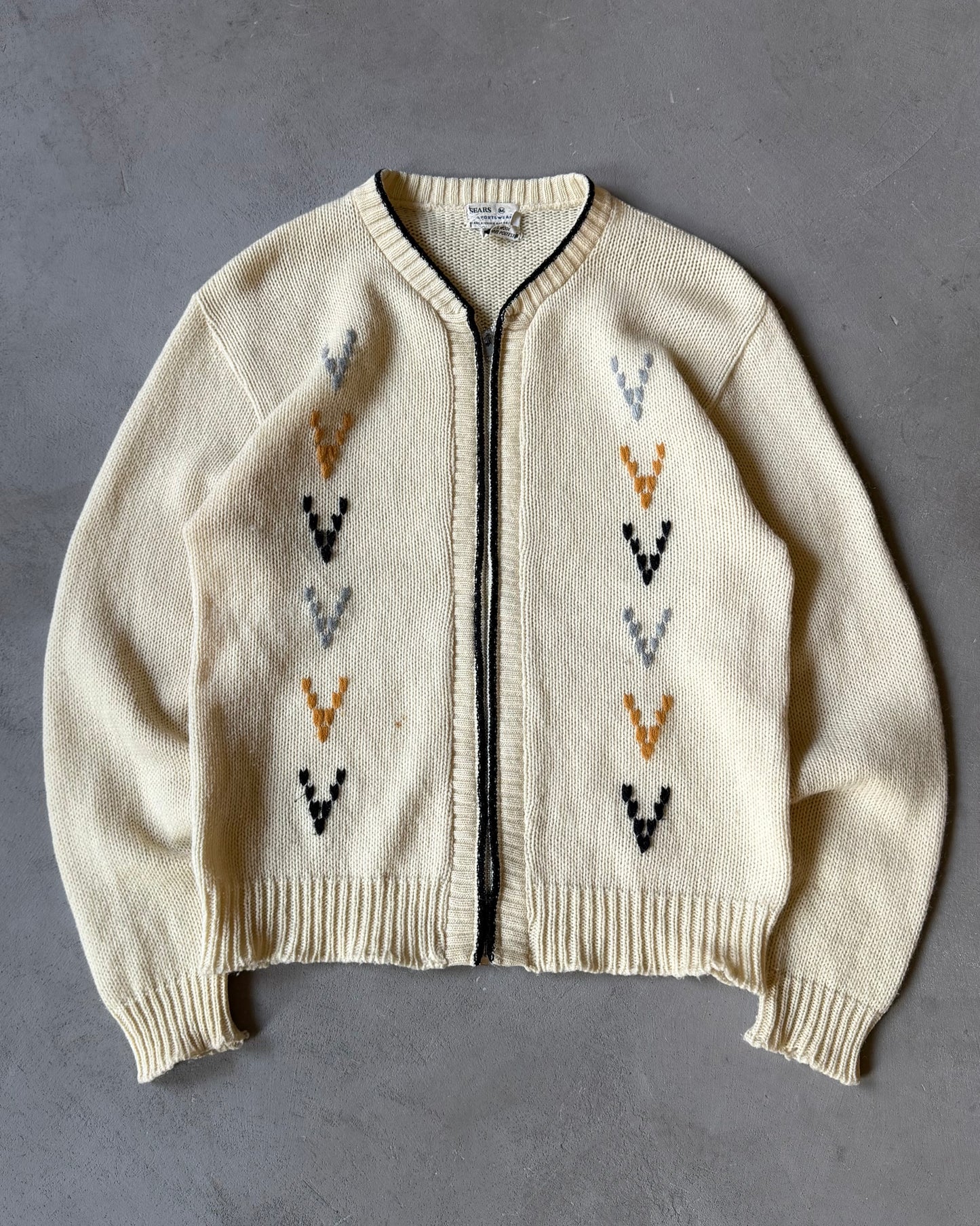 Années 1970 - Pull zippé à motif crème - M