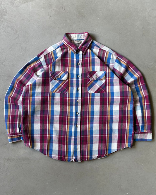 1990s - Cranberry/Blue Plaid Flannel - XL