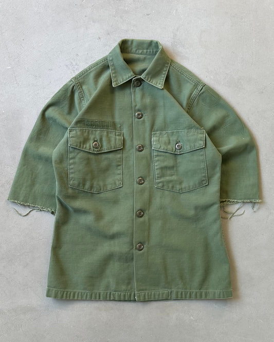 1970s - Distressed Green OG-107 Cut Off Military Shirt - S/M