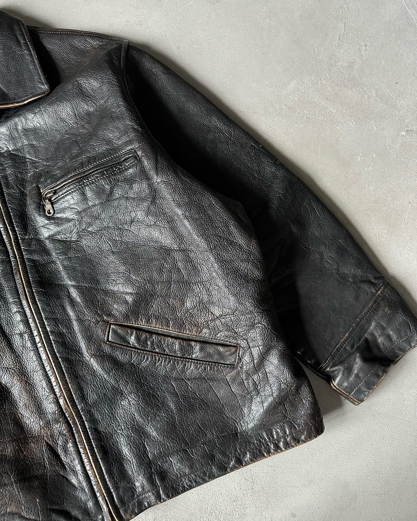 2000s - Faded Black Leather Jacket - XL