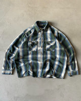 1990s - Distressed Navy/Green Plaid Flannel - L/XL