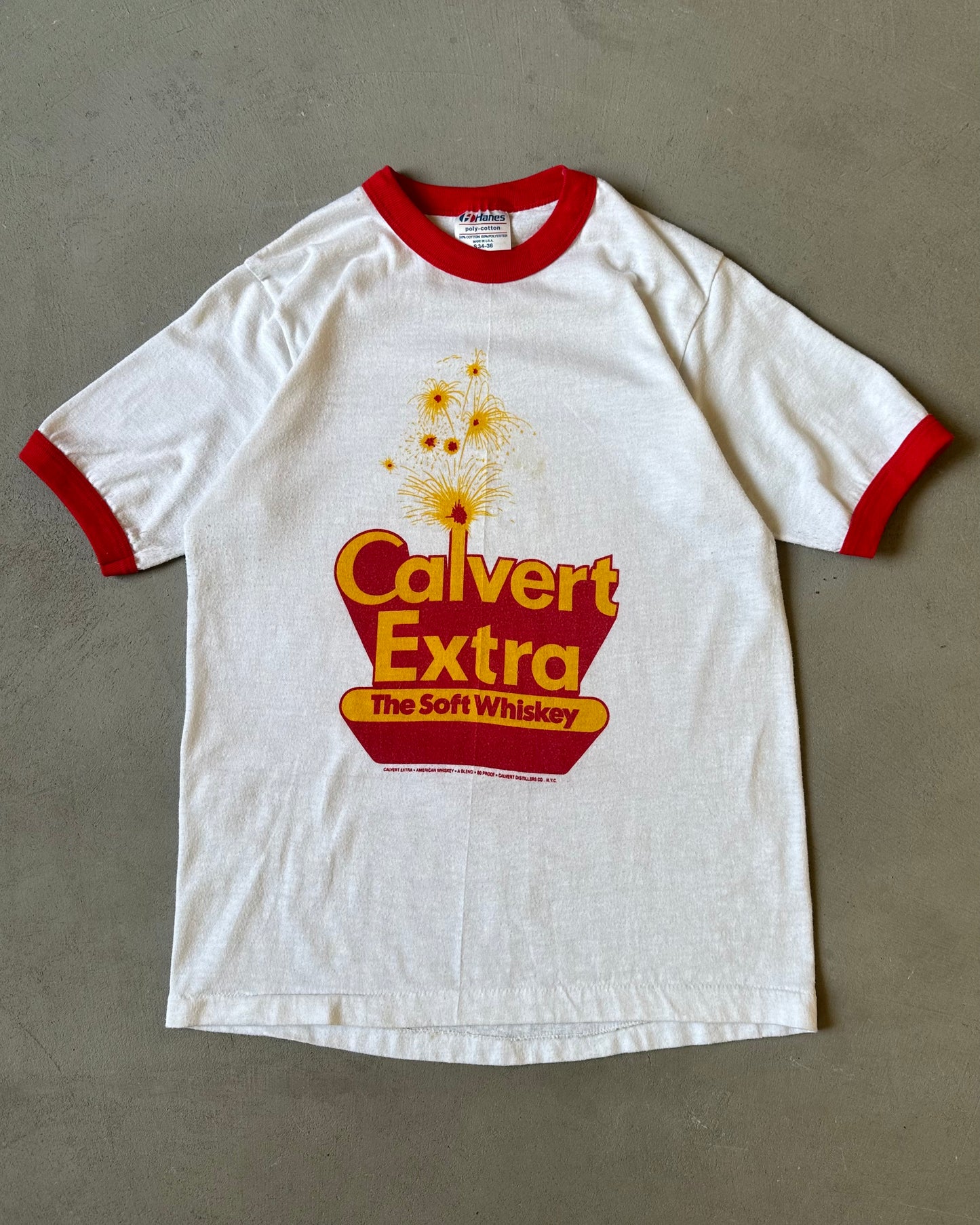 Années 1980 - T-shirt Ringer Calvert Extra Blanc/Rouge - XS