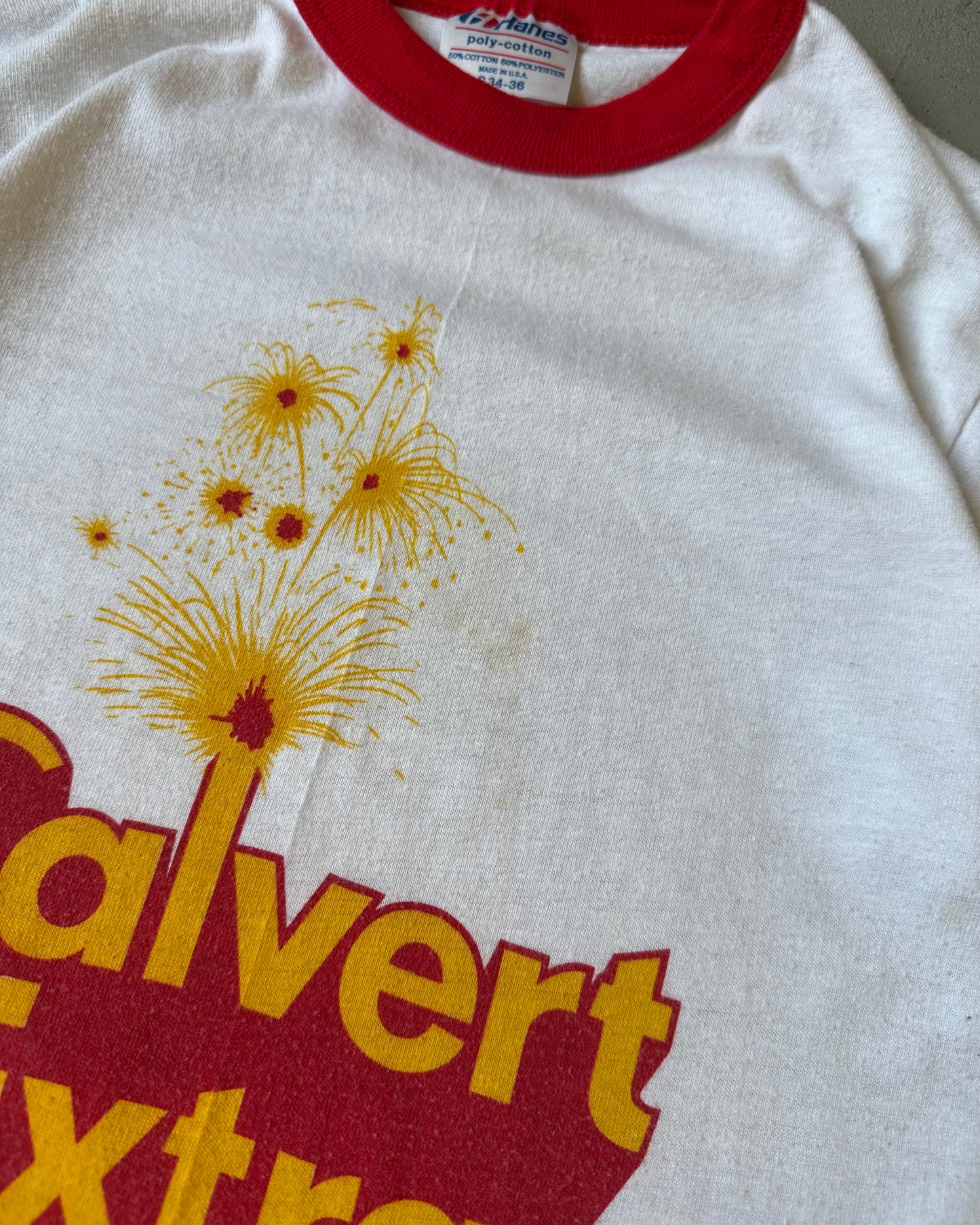 Années 1980 - T-shirt Ringer Calvert Extra Blanc/Rouge - XS