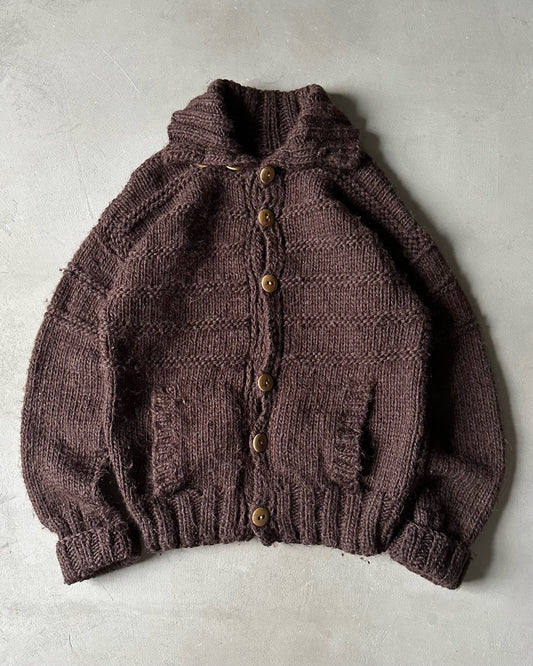 1970s - Brown Handknit Wool Collared Sweater - S/M