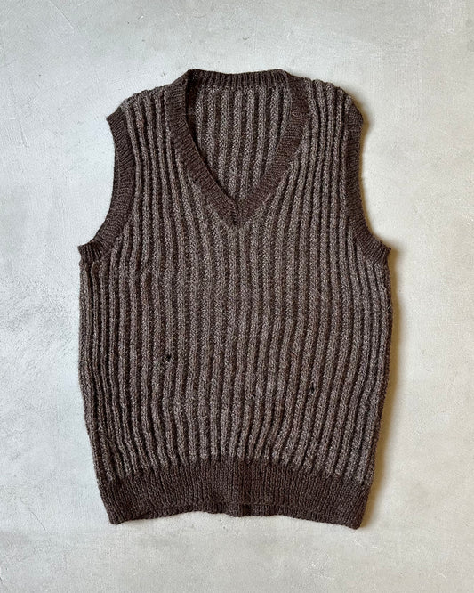 Années 90 - Gilet côtelé en laine marron vieillie - Taille L