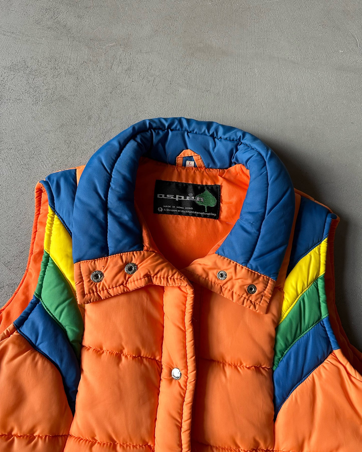 1970s - Orange/Blue Quilted Puffer Vest - S