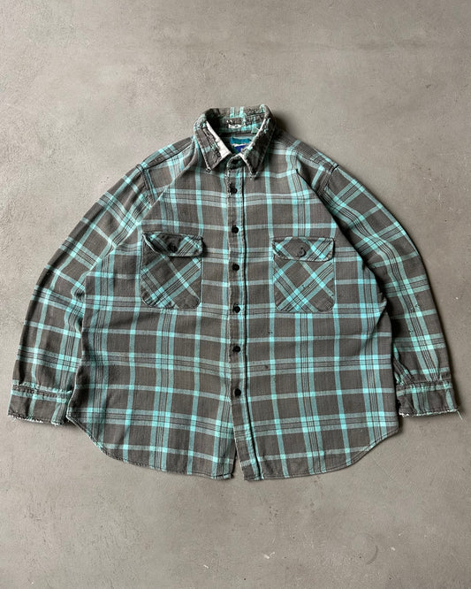1990s - Distressed Grey/Mint Plaid Flannel - L