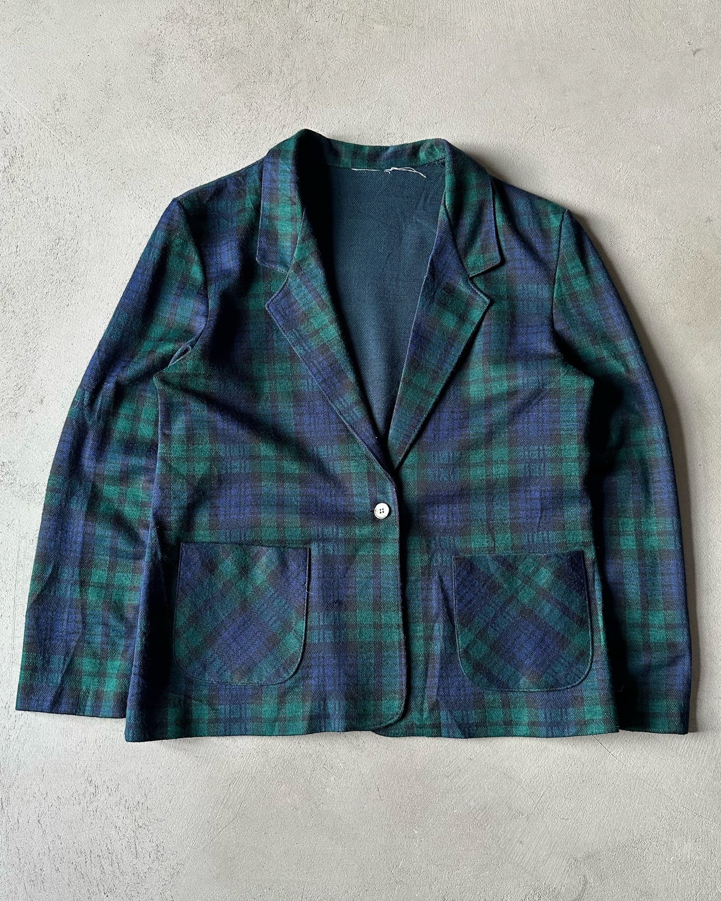 1980s - Navy/Green Plaid Women Light Blazer - S/M