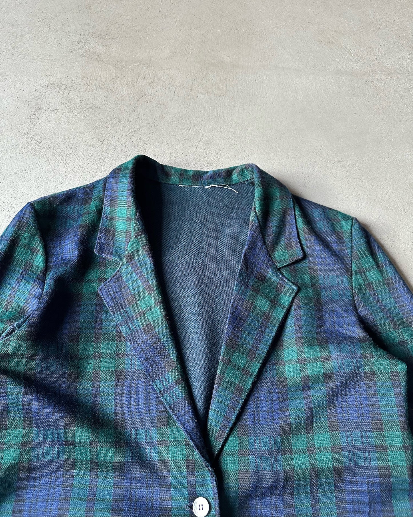 1980s - Navy/Green Plaid Women Light Blazer - S/M