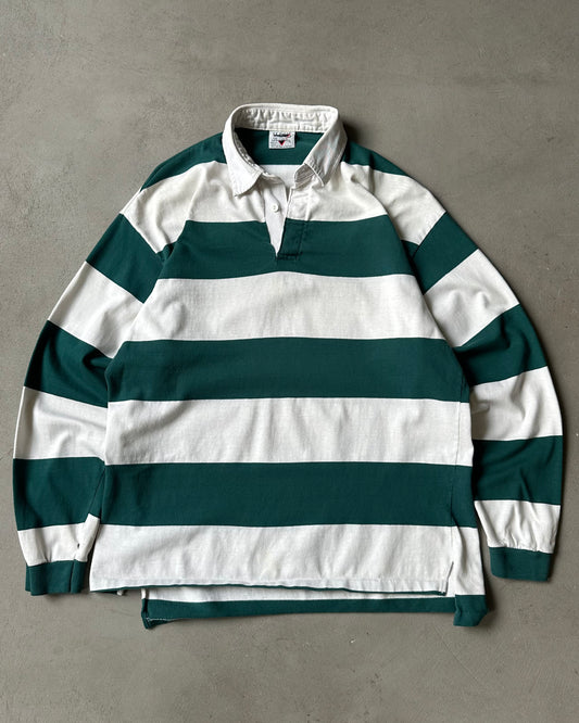 1990s - Green/White Tigré Striped Rugby Shirt - M/L