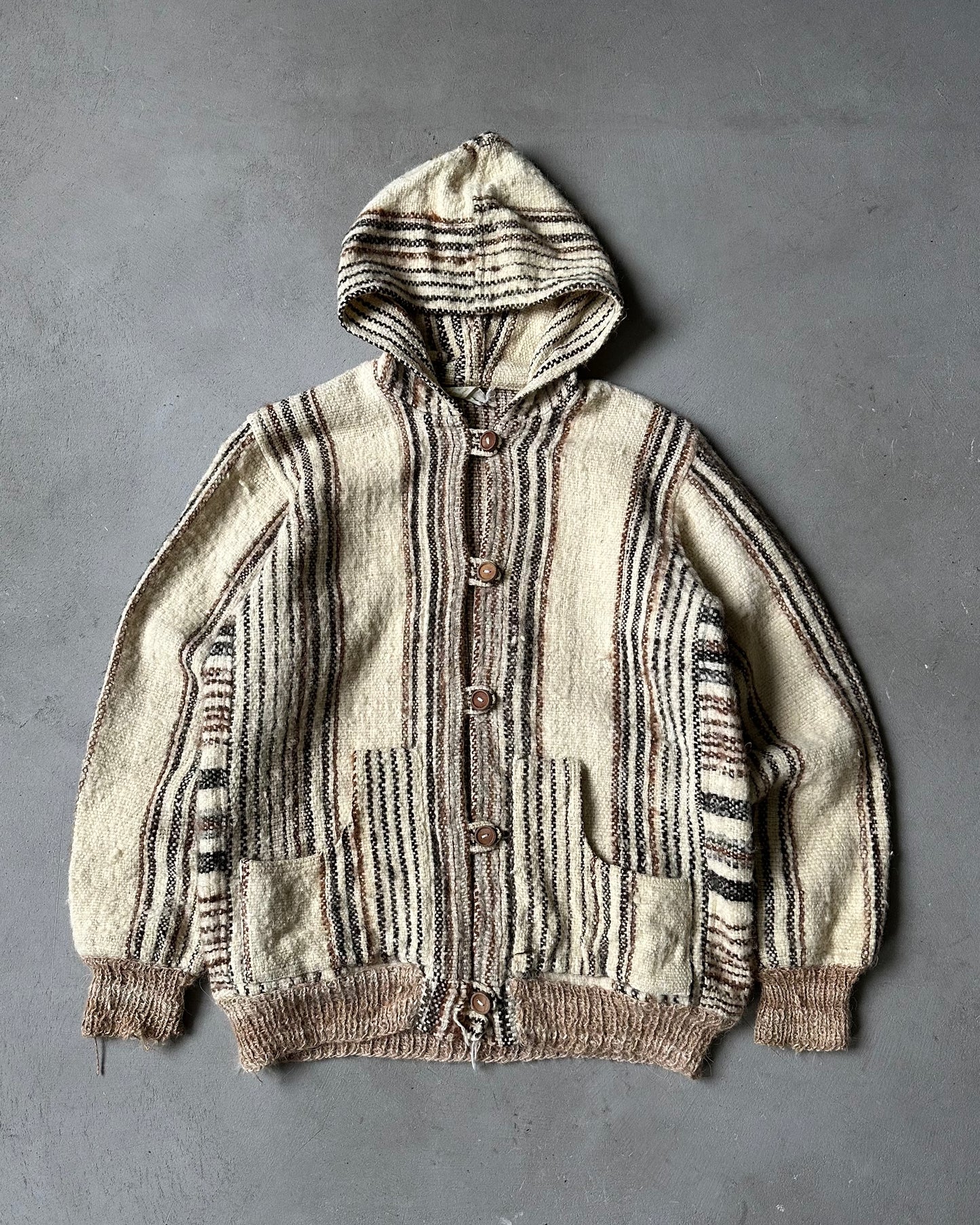 1980s - Distressed Beige Striped Hoodie Cardigan - S