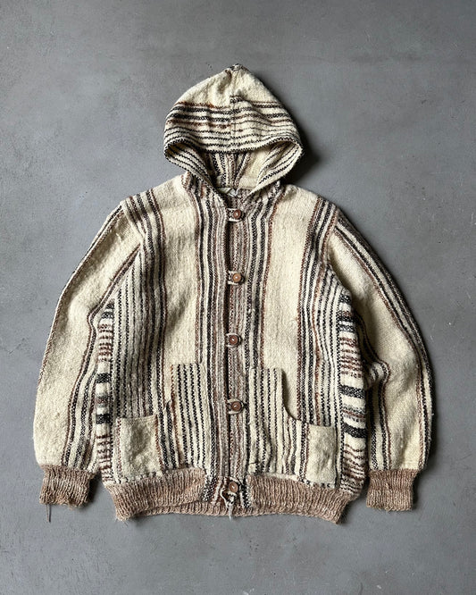 1980s - Distressed Beige Striped Hoodie Cardigan - S