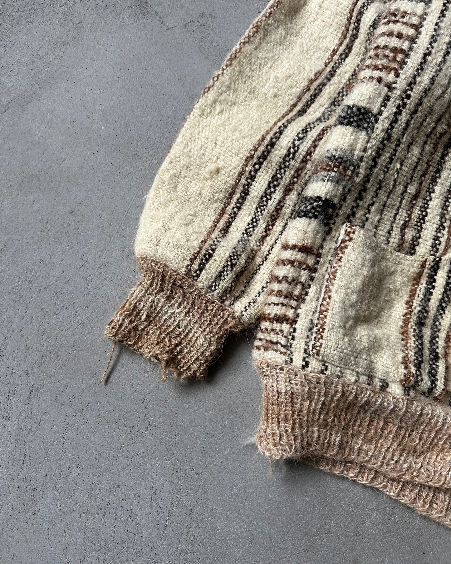 1980s - Distressed Beige Striped Hoodie Cardigan - S