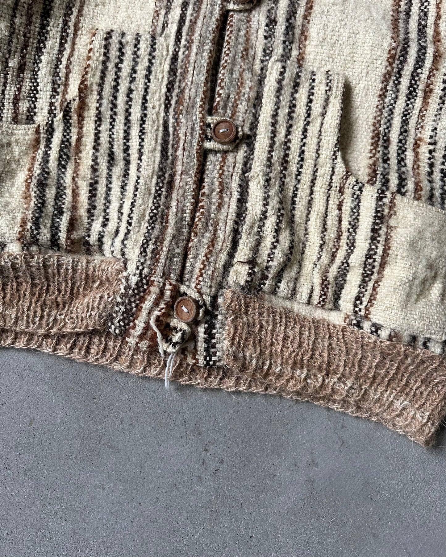 1980s - Distressed Beige Striped Hoodie Cardigan - S