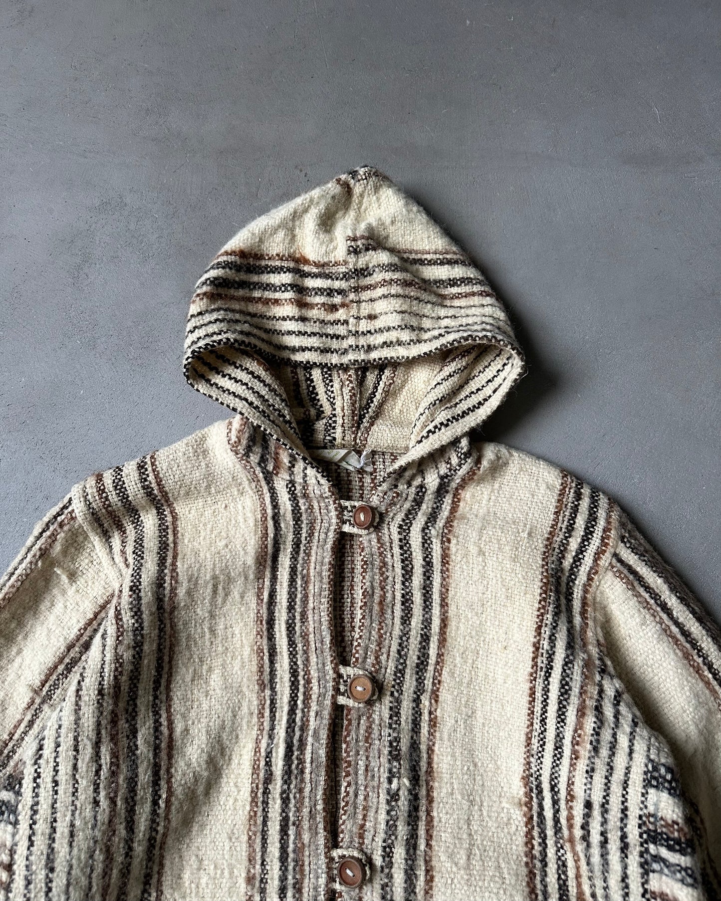 1980s - Distressed Beige Striped Hoodie Cardigan - S