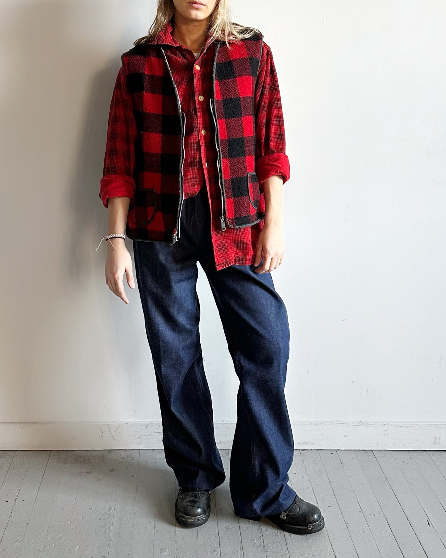 1980s - Red/Black Plaid Wool Vest - M