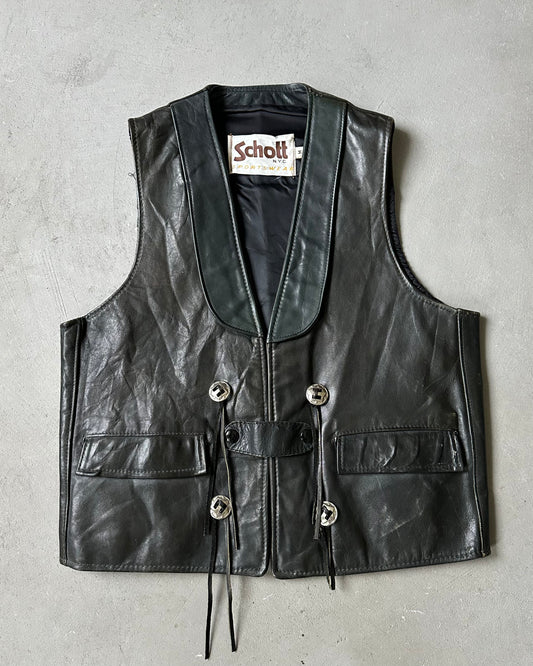 1990s - Black Western Schott Leather Vest - M