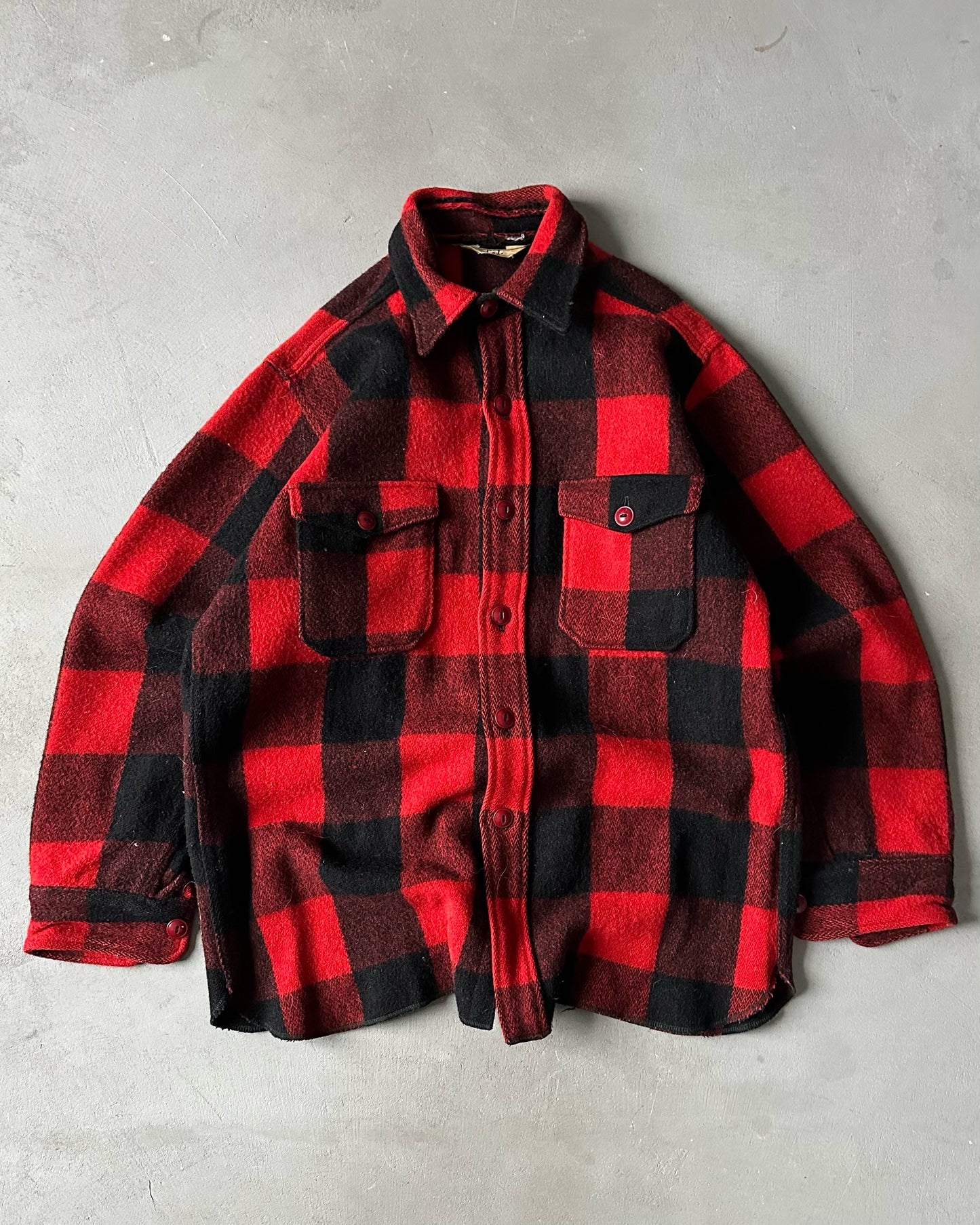 1970s - Red/Black Wool Plaid Shacket - L