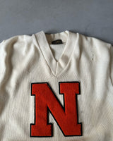 1960s - Distressed Cream "N" Collegiate Wool Sweater - M/L