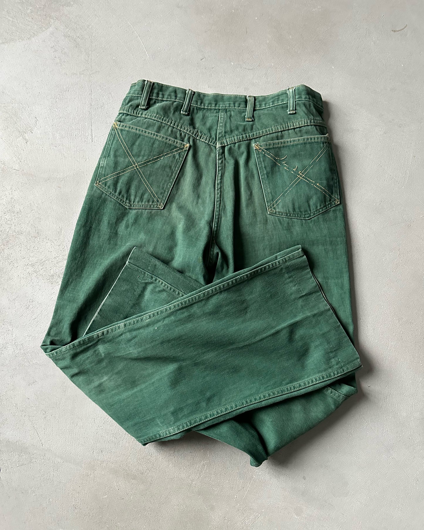 1970s - Distressed Green Flare Cotton Pants - 34x33