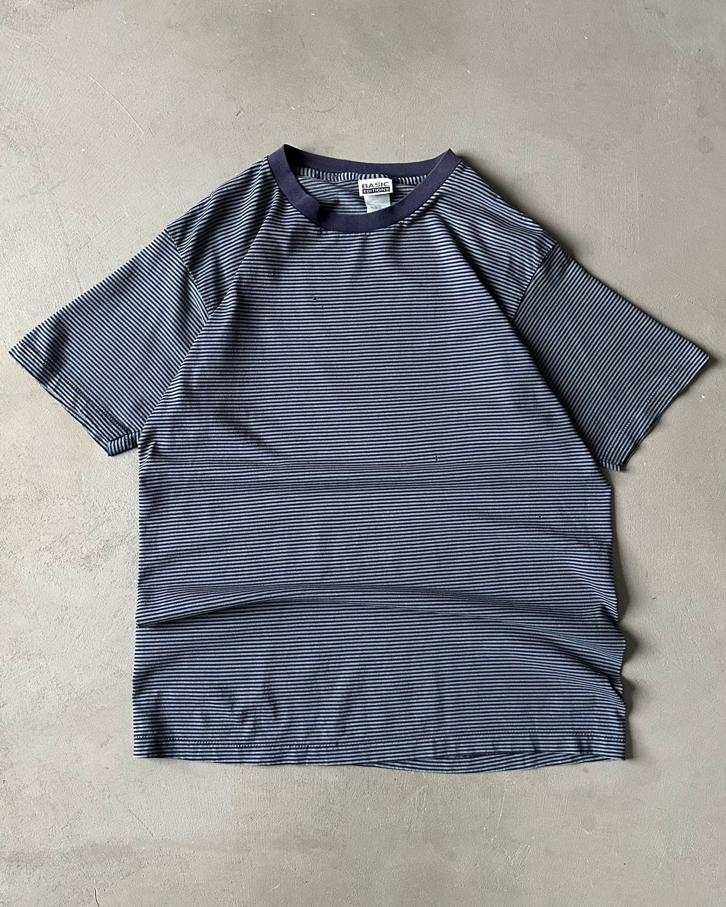 1990s - Distressed Blue Striped T-Shirt - L/XL