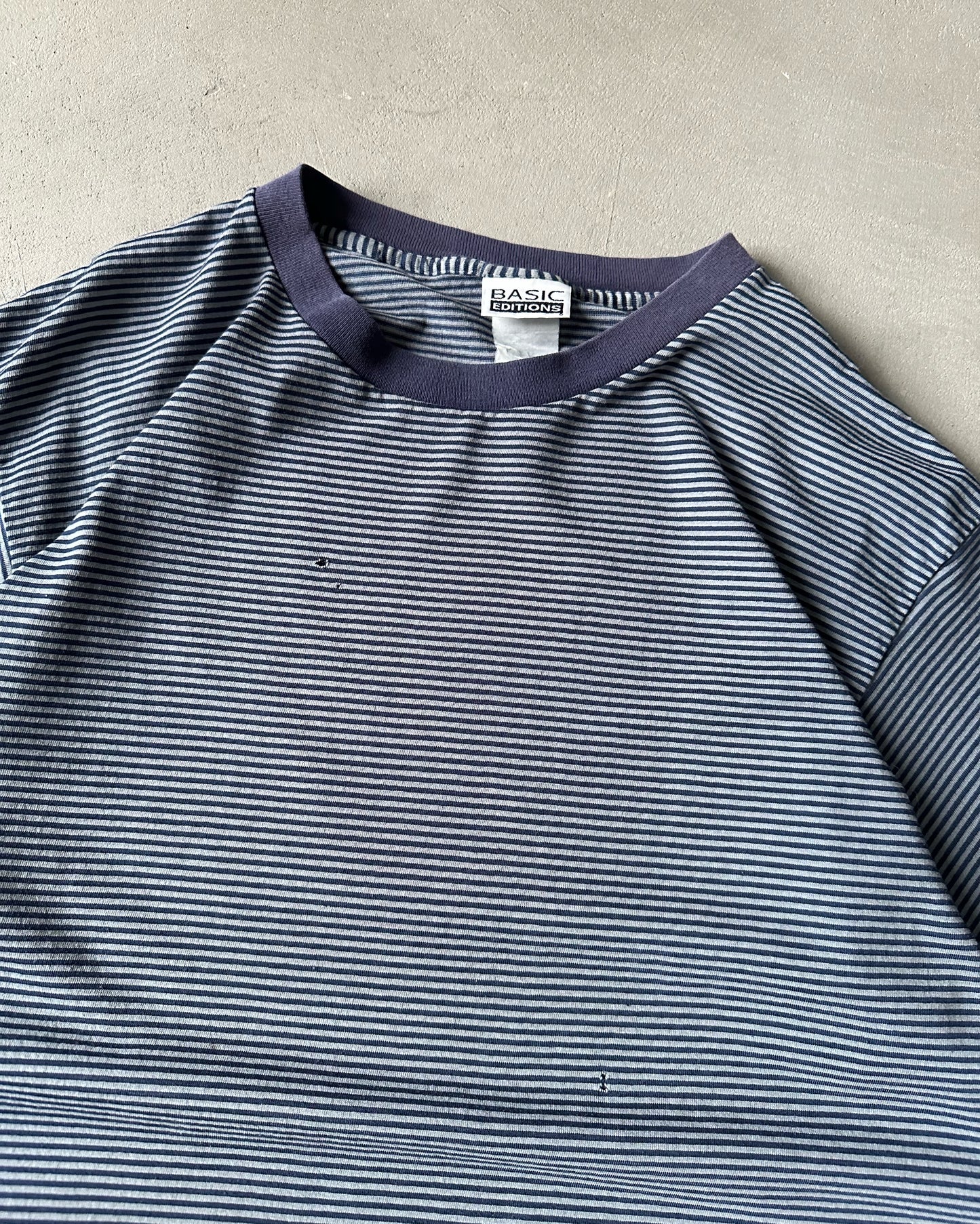 1990s - Distressed Blue Striped T-Shirt - L/XL