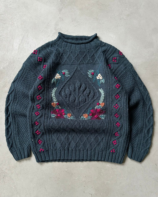 Années 90 - Pull en laine à col roulé à fleurs L.L.Bean vert - (F)L