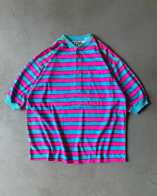 1980s - Pink/Teal Striped T-Shirt - XL