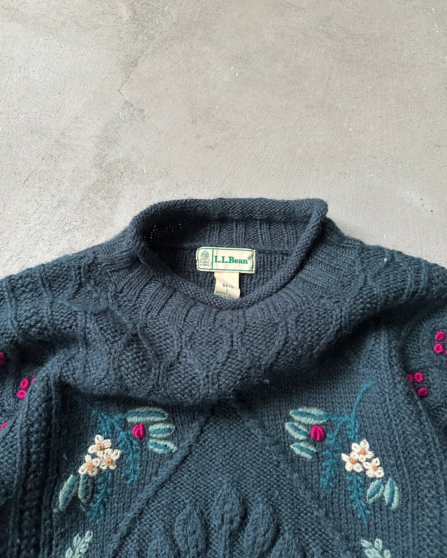 Années 90 - Pull en laine à col roulé à fleurs L.L.Bean vert - (F)L