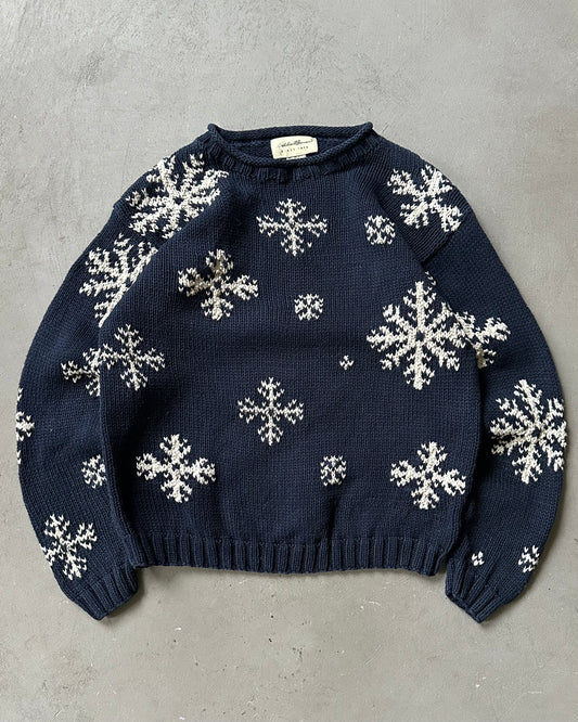 Années 2000 - Pull à col roulé Eddie Bauer flocons de neige, couleur marine - (F)S