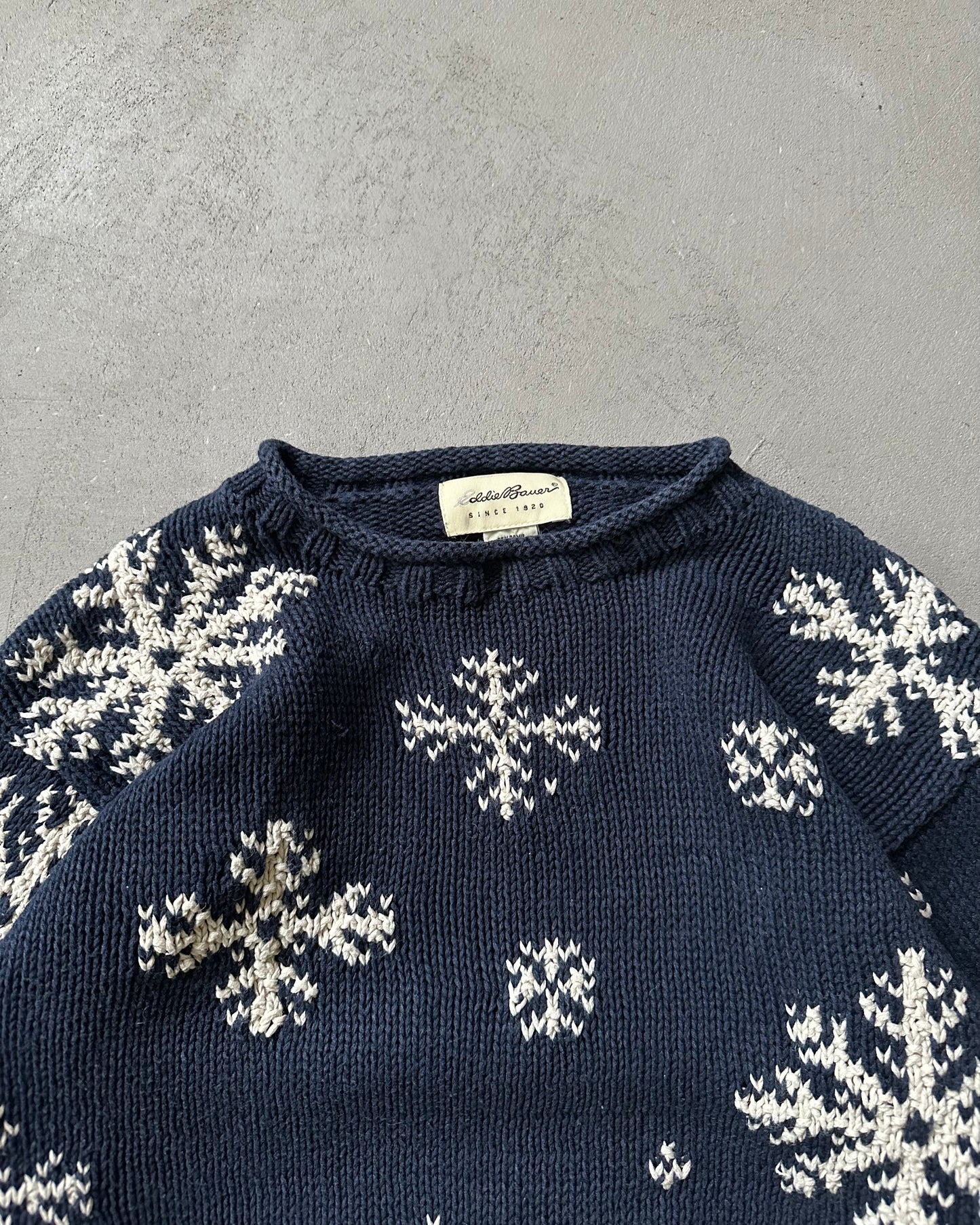 2000s - Navy Eddie Bauer Snowflakes Rollneck Sweater - (W)S