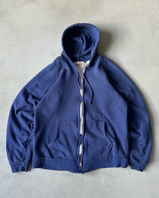 1980s - Distressed Navy Thermal Lined Zip Up Hoodie - M