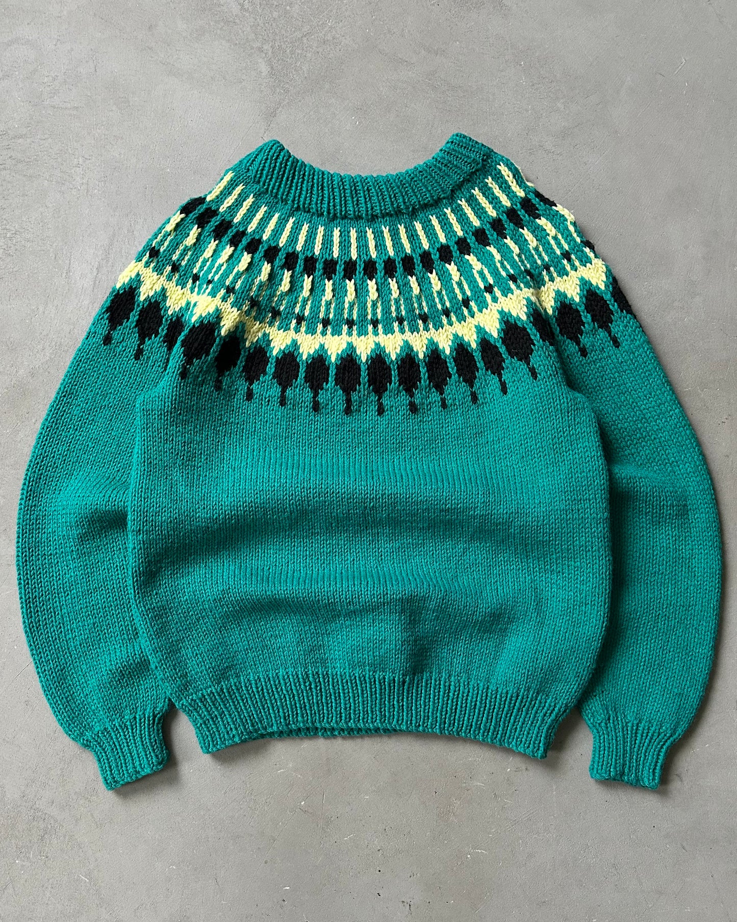 Années 80 - Pull nordique tricoté main vert/jaune - XL