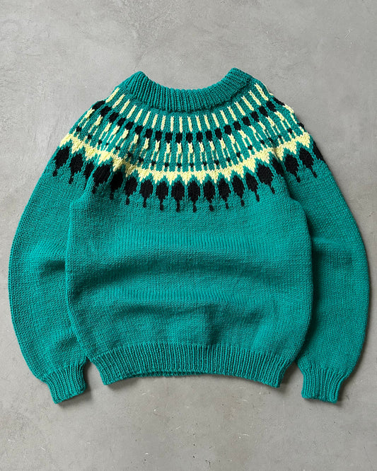 Années 80 - Pull nordique tricoté main vert/jaune - XL
