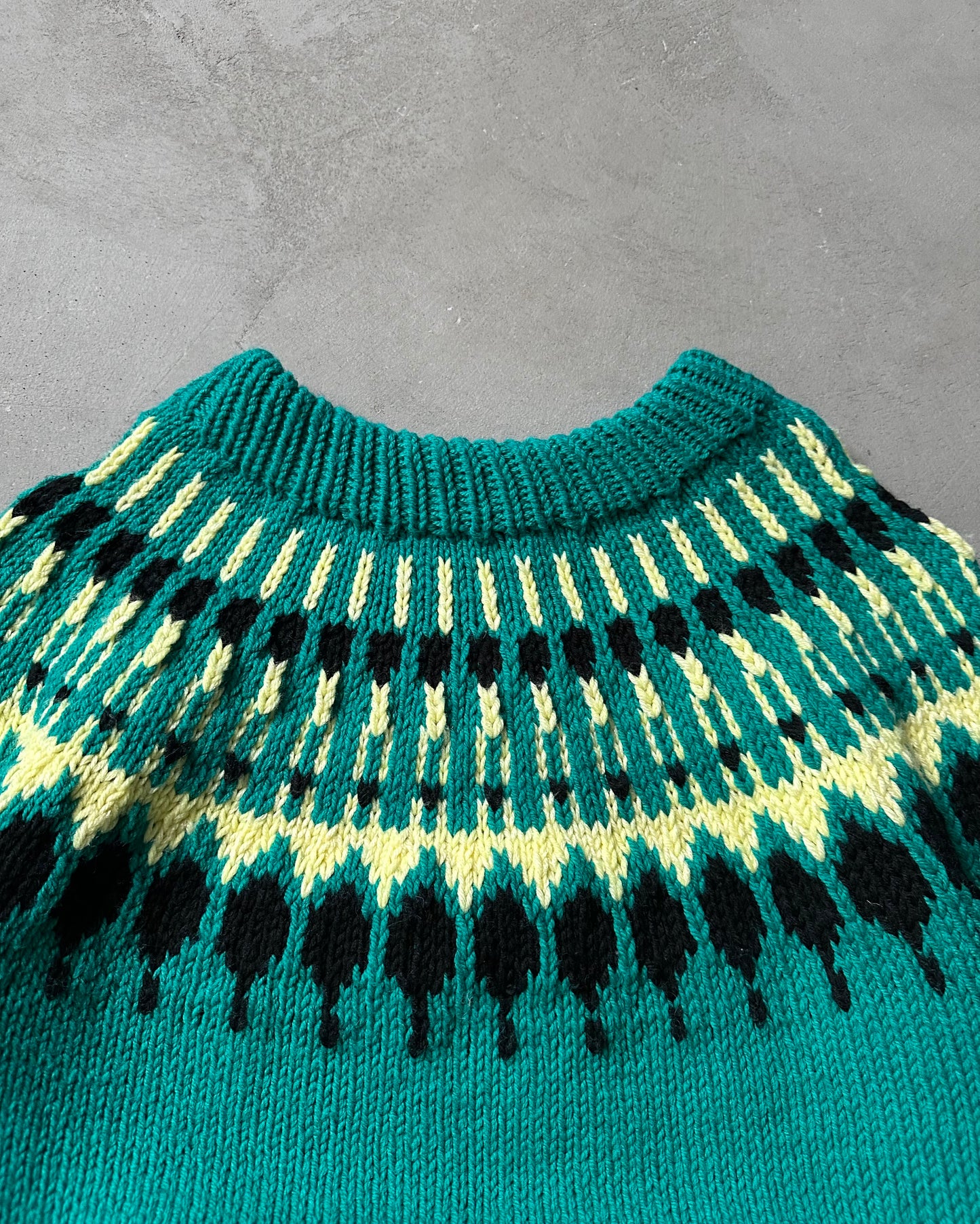 Années 80 - Pull nordique tricoté main vert/jaune - XL