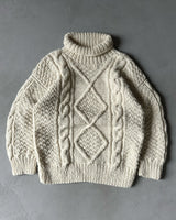 1980s - Cream Cable Knit Turtleneck Wool Sweater - L