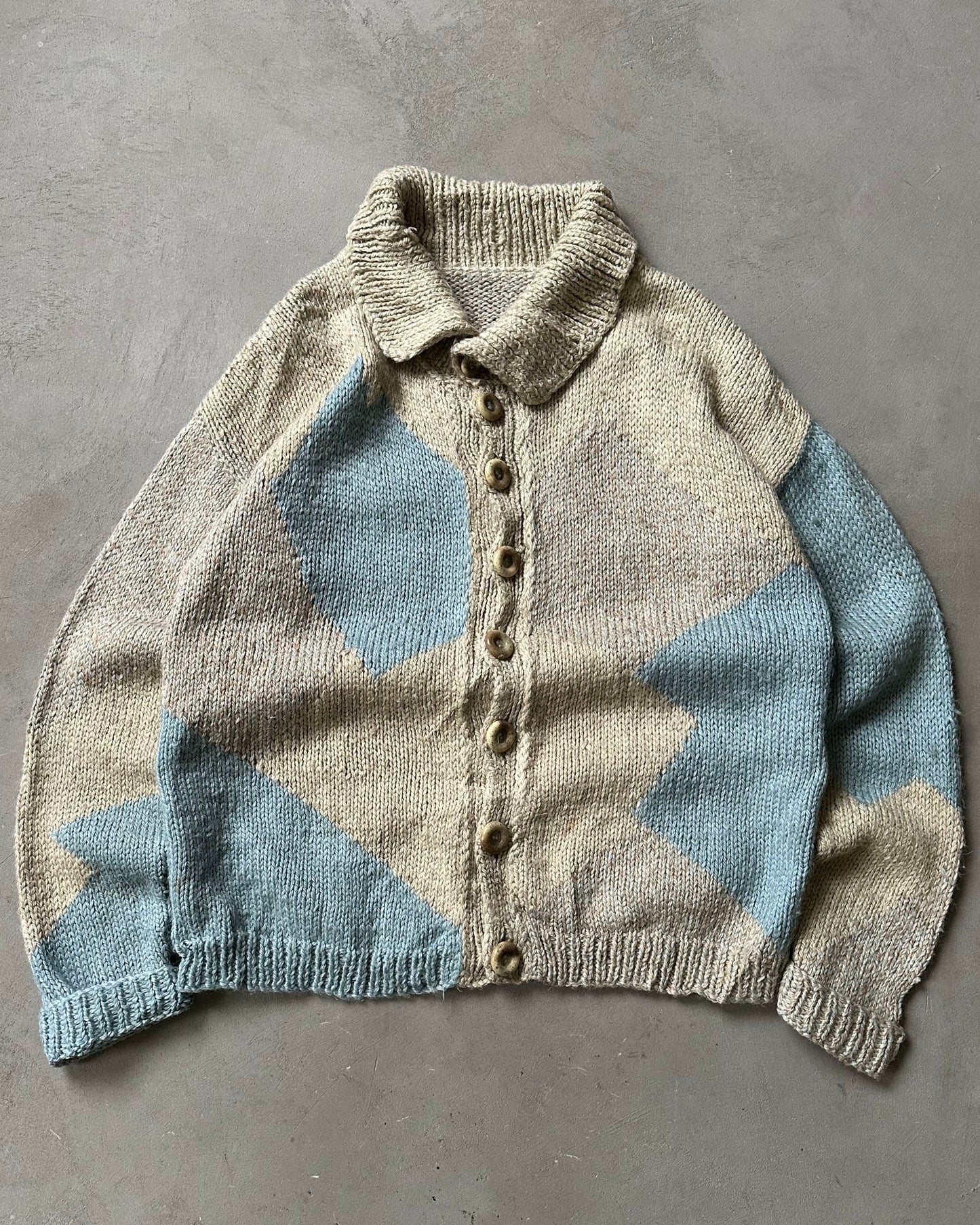 Années 1980 - Cardigan en laine tricoté main beige/bleu - XXL