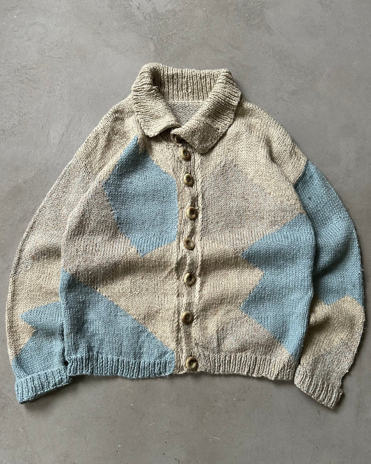 Années 1980 - Cardigan en laine tricoté main beige/bleu - XXL