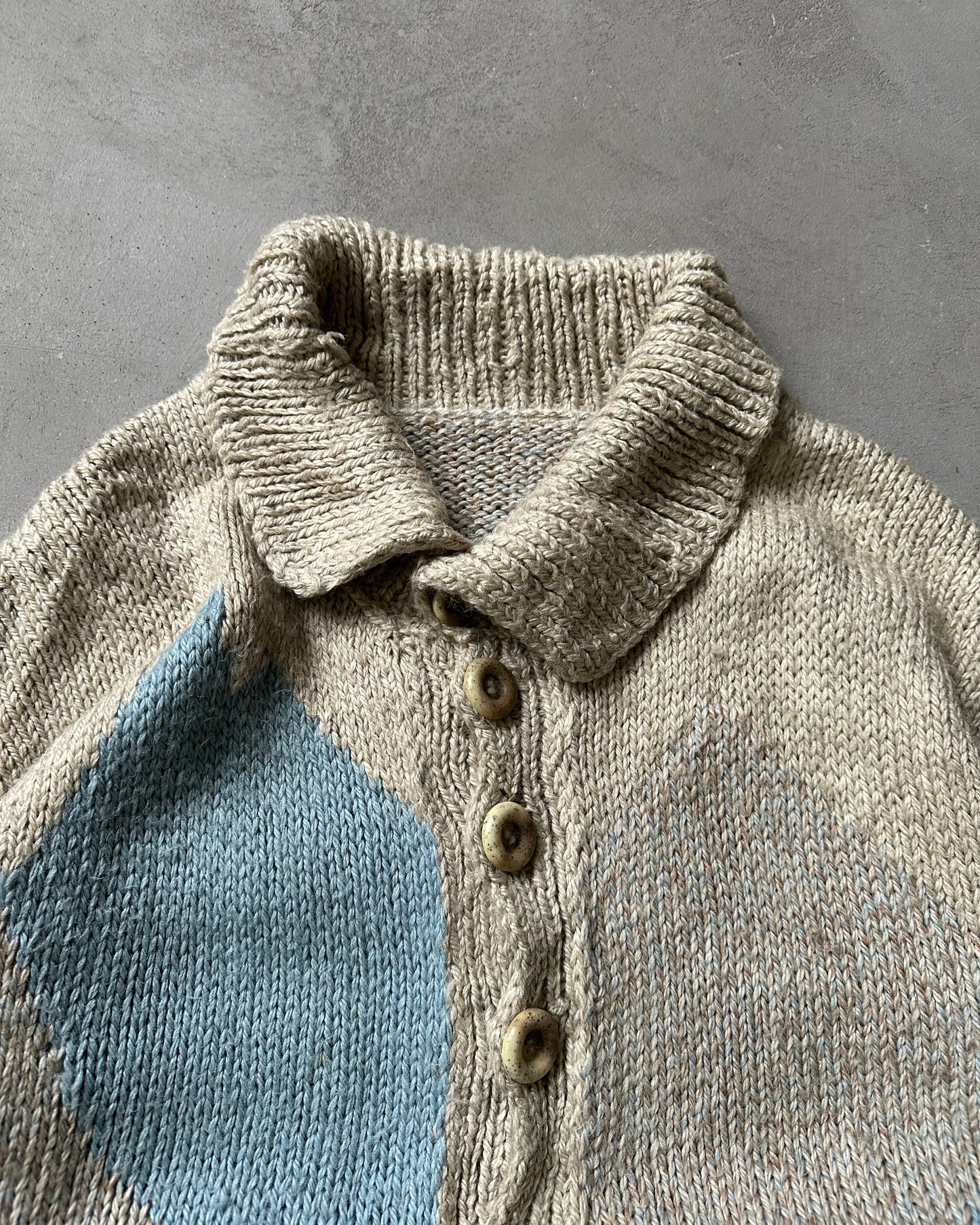 Années 1980 - Cardigan en laine tricoté main beige/bleu - XXL