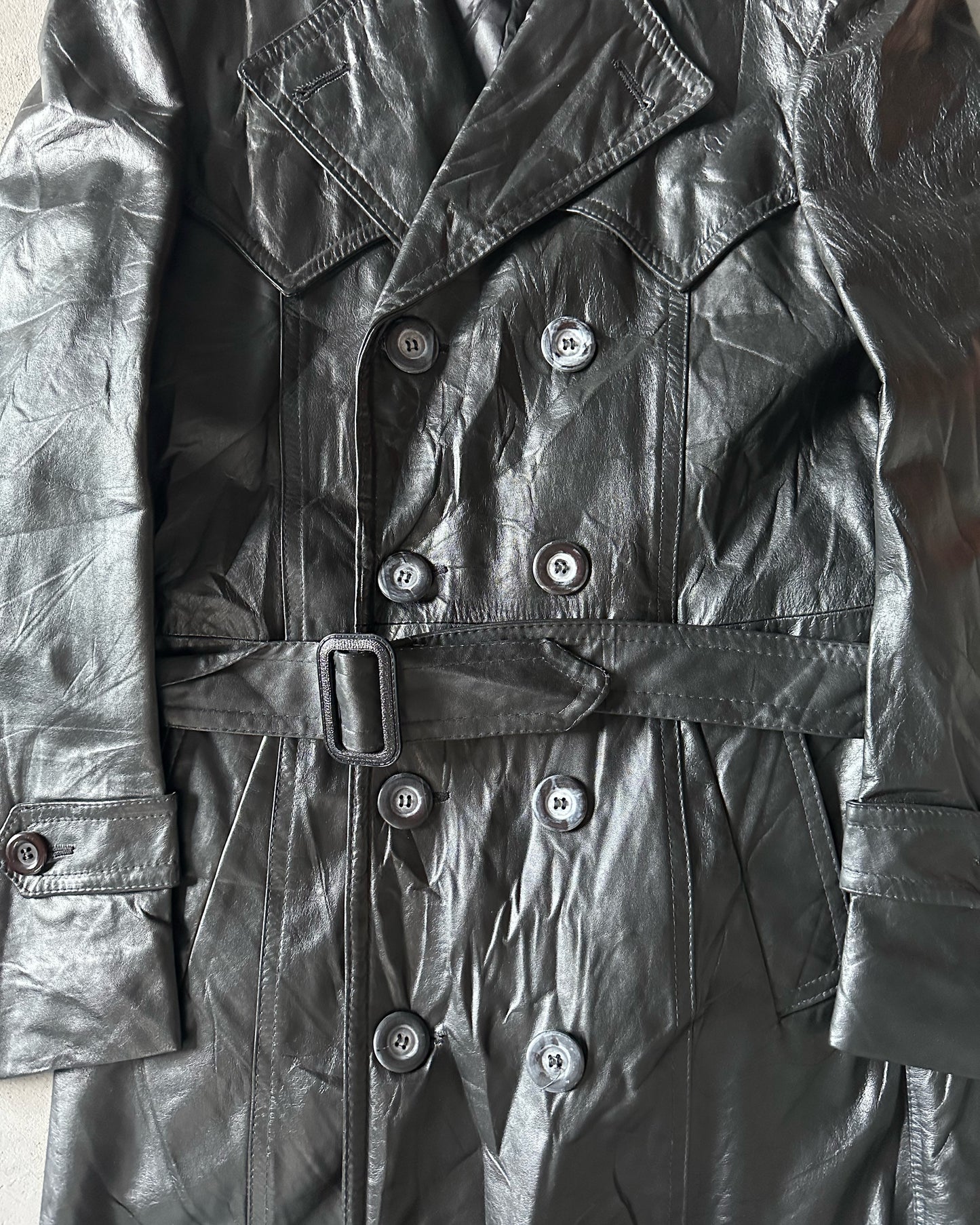 1980s - Black Leather Trench Coat - XS