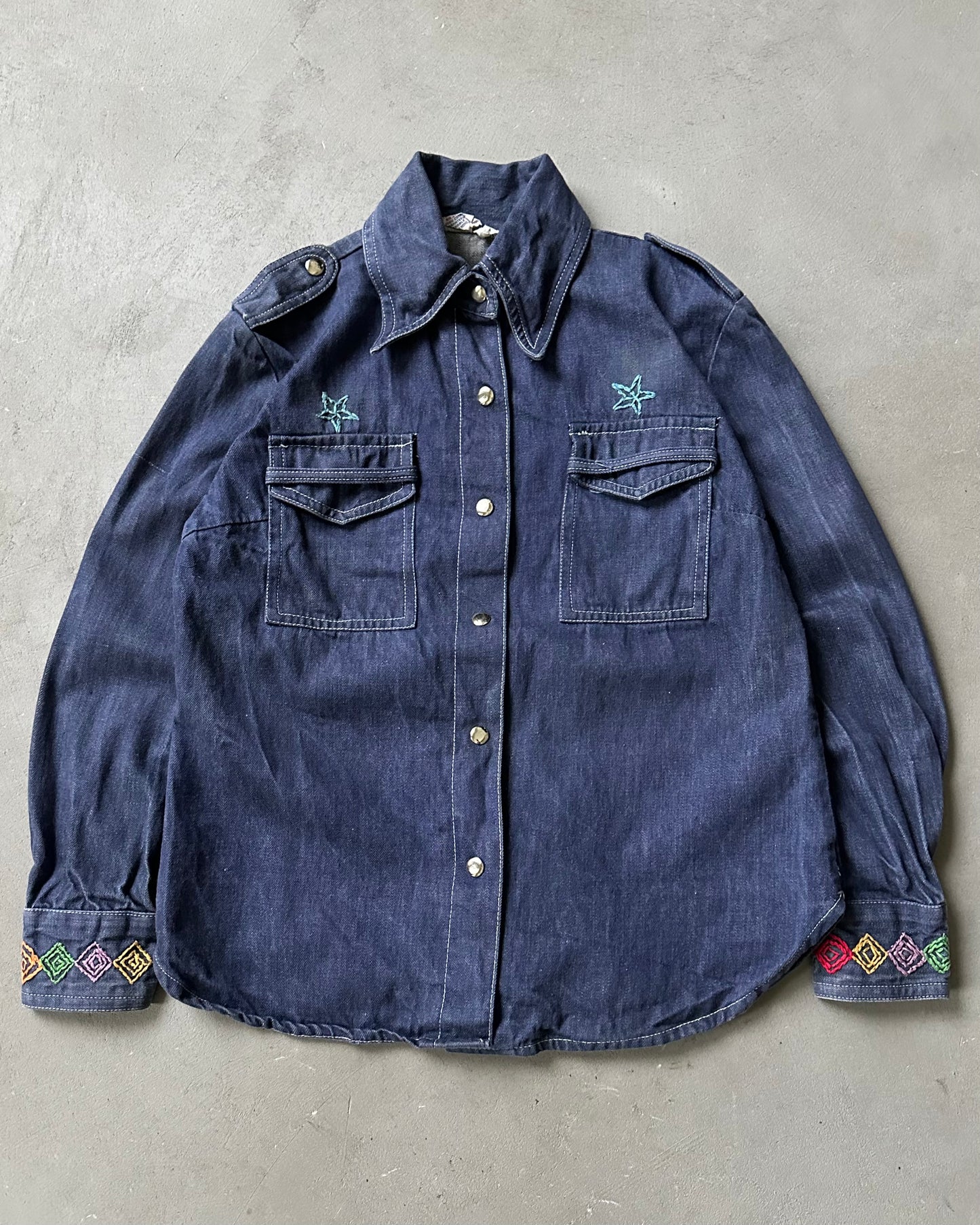 1970s - Denim Embroidered Women's Shirt - (W)S/M