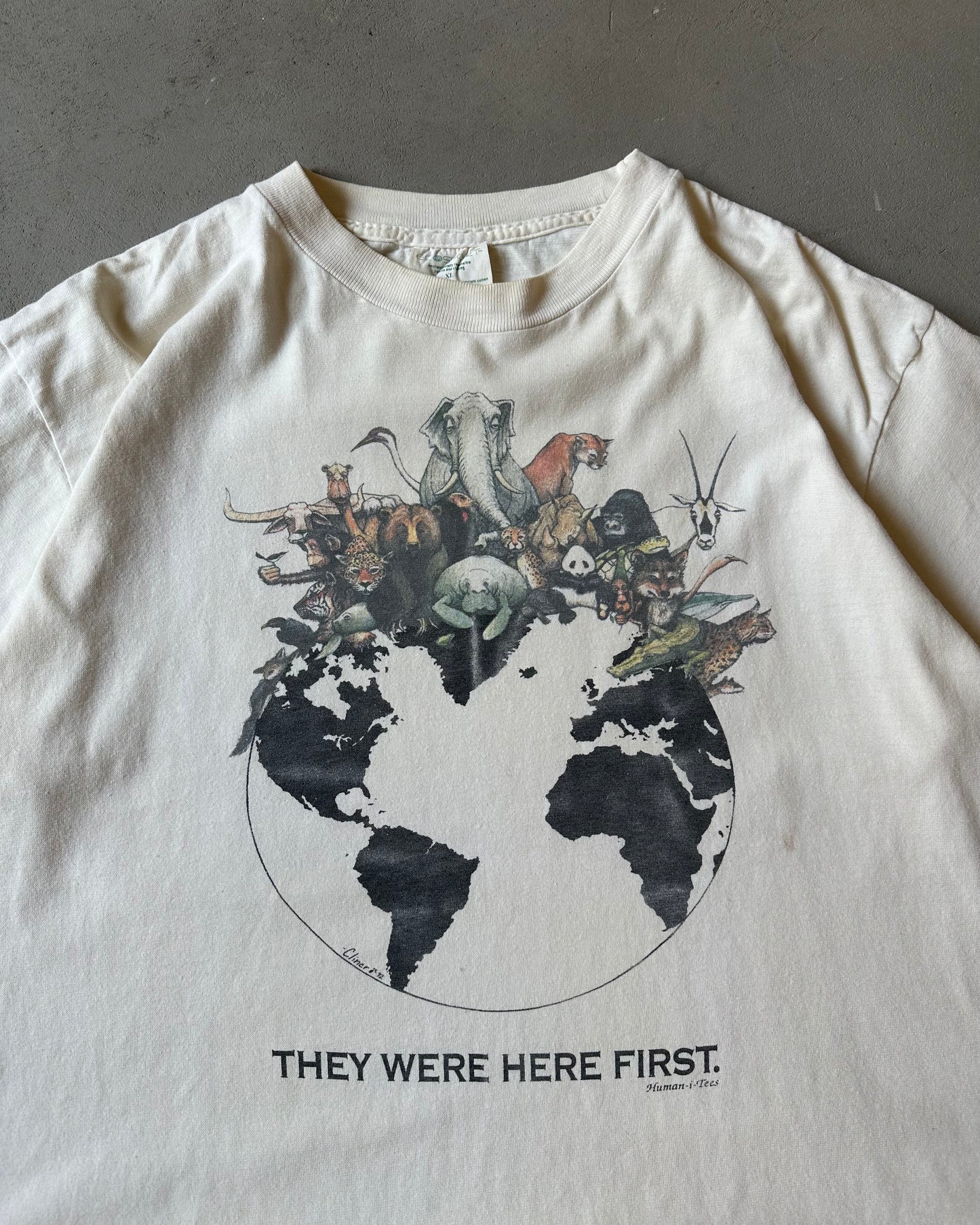 1990s - Distressed Off White "They Were Here First" T-Shirt - XL