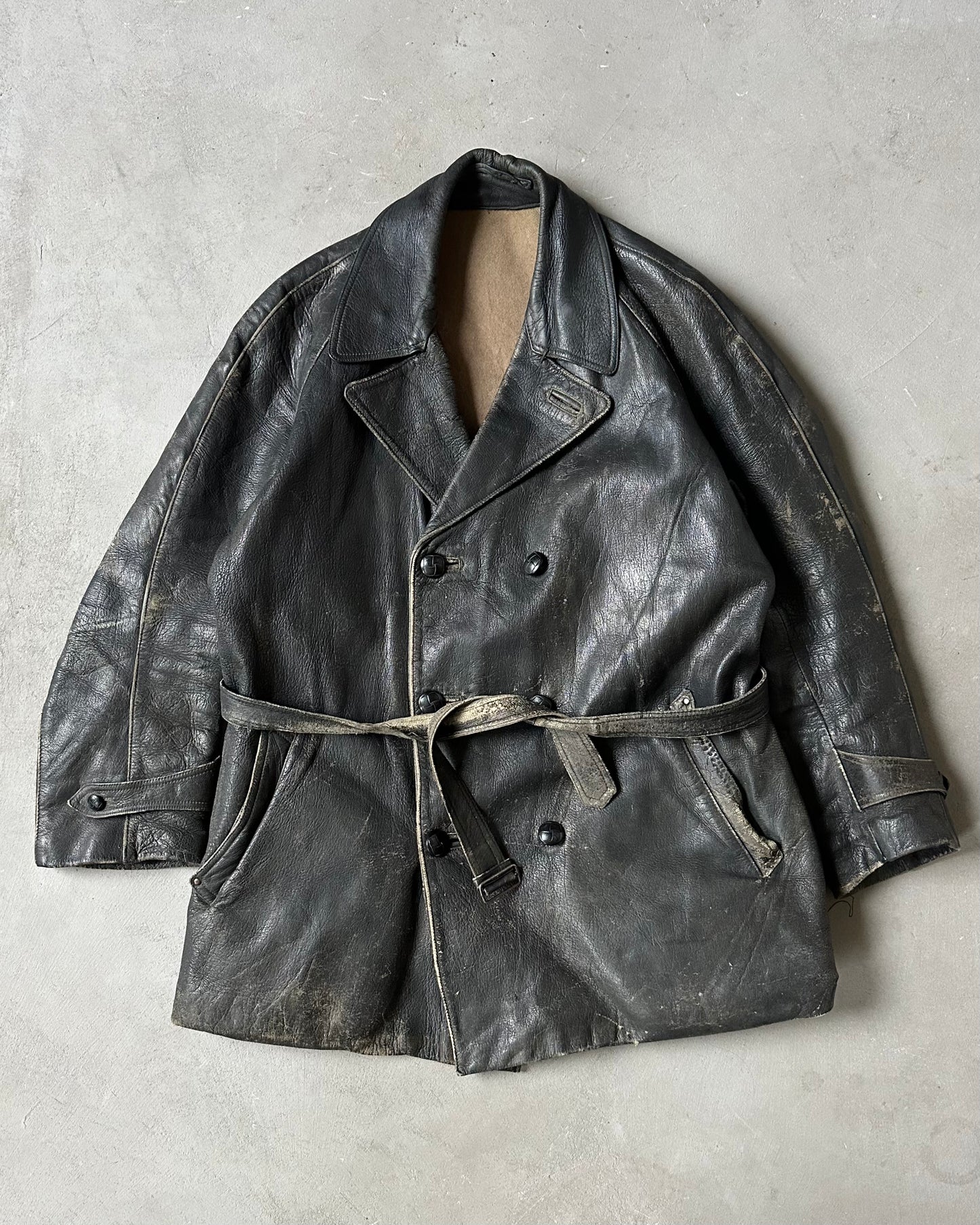 1950s - Distressed Black Italian Leather Coat - M